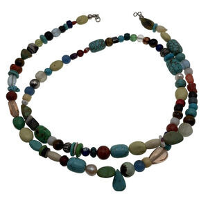 long mixed bead statement Necklace turquoise coral tigers eye stone quartz 36"